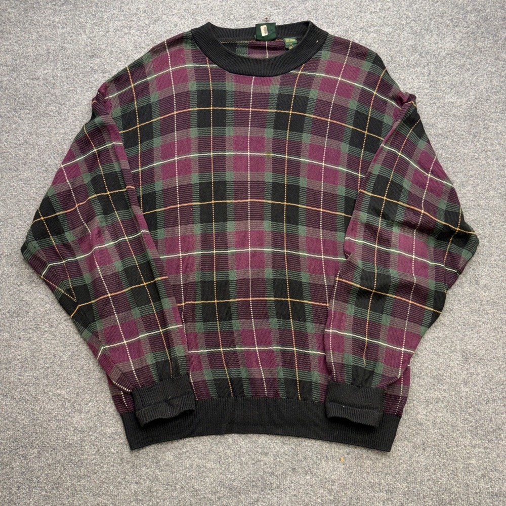 Vtg Bobby‎ Jones Mens XL Intarsia Plaid Cotton Sweater Plum Green Black Golf